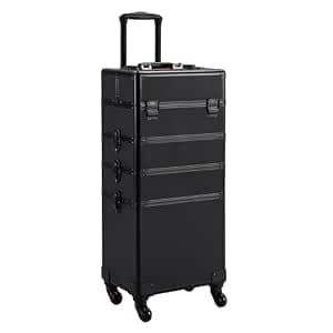 Yaheetech 4 in 1 Professional Makeup Train Case Aluminum Cosmetic Case Rolling Makeup Case Extra Large Trolley Makeup Travel Organizer, with 360° Swivel Wheels, Black