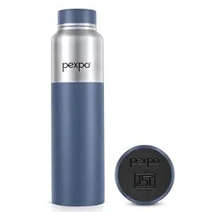 PEXPO Crown 1000 ISI Certified Stainless Steel Fridge Water Bottle - 950ml | Single Wall | Lightweight & Leakproof | For Home, Office, Gym, School, Yoga, Outing - Silver&Denim Blue