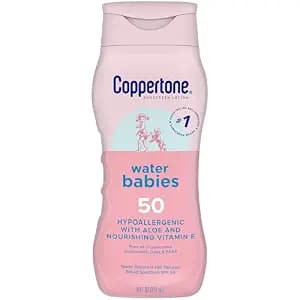 Coppertone WaterBabies Baby Sunscreen Lotion SPF 50, Hypoallergenic Sunscreen for Babies, Water Resistant, Pediatrician Recommended, 8 Fl Oz Bottle