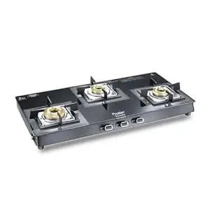 Prestige Vectra 3 Burner Glasstop Gas Stove|Superior Toughened Glass|Jumbo Brass Burner|3-Way Gas Inlet|360 Degree Revolving Nozzle|10 Years Warranty on Glass|Black,open