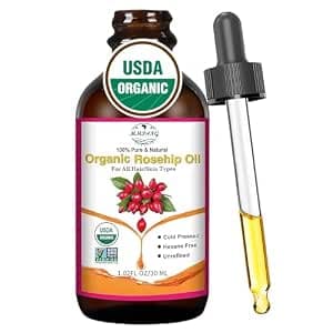 Organic Rosehip Seed Oil for Face, USDA Certified, Cold Pressed, Unrefined, 100% Pure Natural Rose Hip Oil for Anti-Aging, Acne Scar Treatment, Skin & Hair Care, Gua Sha Massage, 1 fl.oz / 30ml