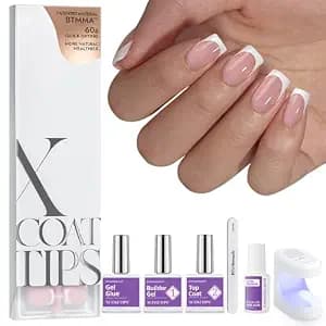 BTArtboxnails XCOATTIPS Gel Nail Kit - Short Squre French Tip Press on Nails Kit, Pink Soft Gel Nail Tips with Nail Gel, French Protecing Duo and Nail Lamp for Gift Home DIY