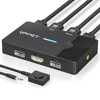 HDMI KVM Switch 1 Monitors 2 Computers 4K@60Hz USB KVM Switches 2 Ports for 2 PC Sharing Single Monitor and Keyboard Mouse with Wired Extend Controller Plug and Play