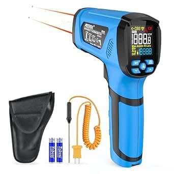 Infrared Thermometer MESTEK -40°C to 1600°C Digital Laser High Temperature Temperature Meter with K-Probe IR Pyrometer Non-Contact LCD Alarm Adjustable Emissivity for Kitchen Industry