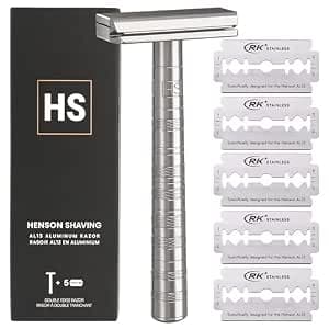 Henson Shaving Razor - Aluminum Double Edge Safety Razor with 5 Spare Blades - 30° Angled Precision With Superior Blade Rigidity- Reusable Single Blade Razors For Men and Women - Mild Aggression
