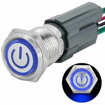 UL Listed 15Amp 16mm Momentary Push Button Switch Waterproof IP67 Blue 110V-120V AC, Normally Open SPST, 304 Stainless Steel, 5/8'' with Wire Socket