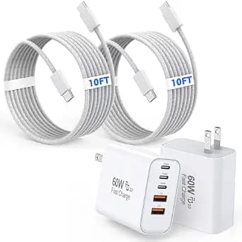 60W iPhone 17 16 15 Pro Charger Fast Charging,2Pack 10FT 5-Port USB C Charger Super Fast Charging Block Long 10Foot Woven Cable USBC Cord for iPhone 17/17 Air/17 Pro Max/16e/16/15/15 Pro Max,iPad Pro