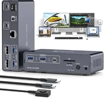 4K@120Hz USB C KVM Switch 2 Monitors 2 Computers Displayport 12 in 1 Laptop Docking Station Dual Monitor Extended Display for 2 Laptops Plug and Play 10 Gbps USB 3.2