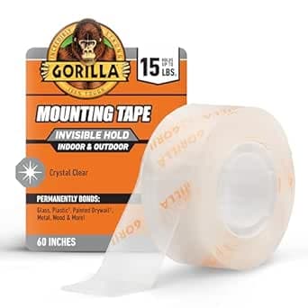 Gorilla Tough & Clear Double Sided Mounting Tape, Hanging, Instant 15lb Strong Hold, Permanent Bond, Weatherproof, 1 in x 60 in, Clear, (Pack of 1), 6065101 (Packaging May Vary)