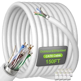 Cat 6 Shielded Ethernet Cable 150ft (8 RJ45), Outdoor&Indoor, Cat 6 Ethernet Cable 150 feet, Heavy Duty 23 AWG, Direct Burial, Waterproof, UV Resistant, Internet Network Cable for Router Gaming, CCA