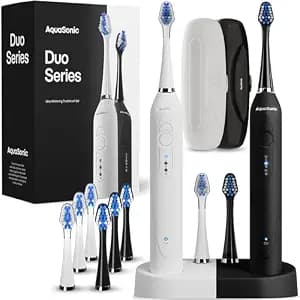 Aquasonic Duo - Dual Handle Ultra Whitening 40,000 VPM Wireless Charging Electric ToothBrushes - 3 Modes with Smart Timers - 10 Dupont Brush Heads & 2 Travel Cases Included