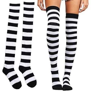 1 Pair Unisex Knee High Socks with Stripes Thigh High Socks Overknee Stockings Fingerless Gloves Sleeve Set for Women Girls Party Costume Halloween