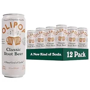 OLIPOP Prebiotic Soda Pop, Classic Root Beer, Pantry Pack Packed with Prebiotics, Fiber, and Botanicals, Gluten Free, Vegan, GMO Free, 12oz Skinny (12-Cans)