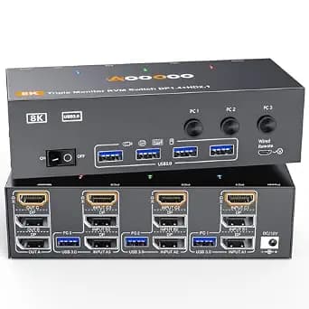 8K@60Hz HDMI2.1 Displayport KVM Switch 3 Monitors 3 Computers 4K@144Hz Triple Monitor KVM Switches with USB 3.0 Port,Wired Remote,Power Adapter and USB3.0 Cables(16cm 3 PC 3 Monitor 8K KVM)