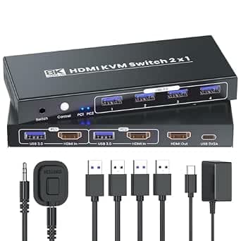 HDMI KVM Switch 1 Monitor 2 Computers, 8K60Hz 4K120Hz USB 3.0 2 Port HDMI KVM Switch for 2 PC Management Via 1 Set of Keyboard Mouse and 1 Monitor
