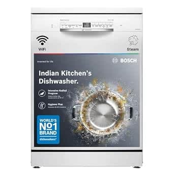 Bosch 14 Place Setting Free Standing Dishwasher for Indian Utensils, WiFi Enabled, Intensive Kadhai Program, Inbuilt Heater, Fits Up to 80 Utensils, White (SMS6IKW01I)