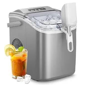 AGLUCKY Ice Makers Countertop, Portable Ice Machine Maker with Handle, Self-Cleaning, 26Lbs/24H, 9 Cubes Ready in 6 Mins, Scoop and Basket, for Home/Office/Kitchen (Grey)