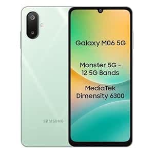 Samsung Galaxy M06 5G Mobile (Sage Green, 4GB RAM, 64GB Storage) | MediaTek Dimensity 6300 | AnTuTu 623K+ | 12 5G Bands | 25W Fast Charging | 4 Gen OS Upgrades | 50MP Camera | Without Charger