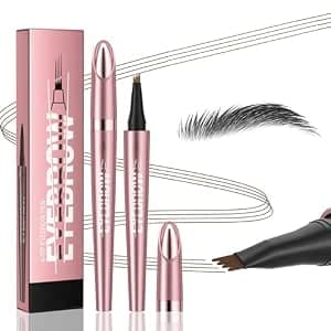 Q708 3D Microblading Eyebrow Pencil, Waterproof, 4-Tipped, Long-Lasting, Micro-Fork Applicator for Natural Brows, All Skin Tones (2#Dark Brown)