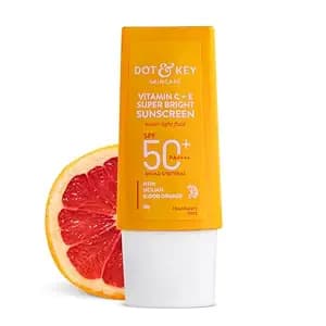 DOT & KEY Vitamin C + E Super Bright Sunscreen Spf 50 In-Vivo Tested | Water-Light,UVA/UVB & Blue Light Protection|For Even Toned & Glowing Skin|With Liquid Spf 50+++| No White Cast| For All Skin Types | 30G