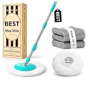 Premium 360° Spin Mop Stick Rod with 2 Stainless Steel Washing Cloth| Adjustable & Extendable Mop Handle | Heavy Duty Rust-Proof Floor Cleaning Rod Compatible with Spin Mop Refill - 1 Refill