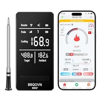 BBQOVN Smart WiFi Wireless Meat Thermometer, Sub-1G 656FT Range, 7-Sensor Probe, Standalone LED Base, IP68 Waterproof, APP Remote for BBQ Grill Smoker Oven