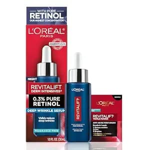 L'Oreal Paris Revitalift 0.3% Pure Retinol Night Serum, Reduce Deep Wrinkles, Fragrance Free 1 oz + Moisturizer Sample
