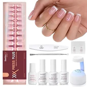 Beetles Press On Nail Kit-Short Square French Tip Press On Nails, 150Pcs Pink French Nail Tips with Nail Glue & Remover Builder Top Coat Nail Lamp, All-in-One DIY Fake Nails Gift for Women
