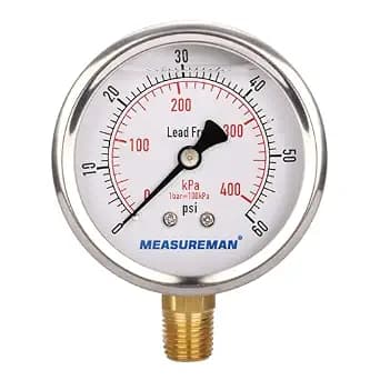 MEASUREMAN Lead-Free Pressure Gauge, 2-1/2inch Dial, Glycerin Filled, 0-60psi/kpa, Stainless Steel Case, 1/4inchNPT Lower Mount