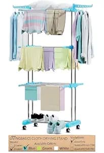 LIVINGBASICS 3 Tier Premium Heavy Duty Stainless Steel Foldable Cloth Drying Stand/Clothes Stand for Drying/Cloth Stand/Clothes Dryer/Laundry Racks for Drying - Indoor/Balcony (Cyan Blue)