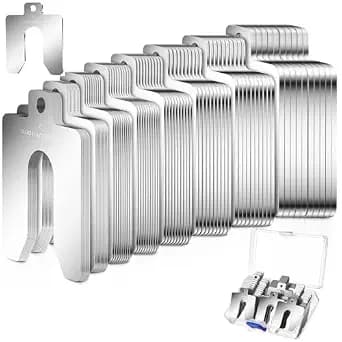 Shimeyao 80 Pcs Size C 4" x 4" Stainless Steel Slotted Shims Kit Composite Precision Metal Shims Stock for Leveling Assortment with Storage Box for Wood Battery Terminal Door Machinist Motor Shop
