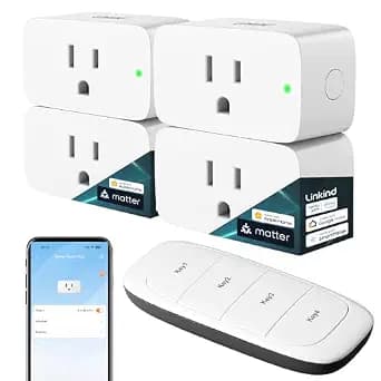 Linkind Matter Smart Plug with Remote, Work with Apple Home, Siri, Alexa, Google Home, SmartThings, Smart Outlet 15A/1800W Max, Smart Automation, Remote Control,Timer&Schedule, 2.4G Wi-Fi, 4 Pack