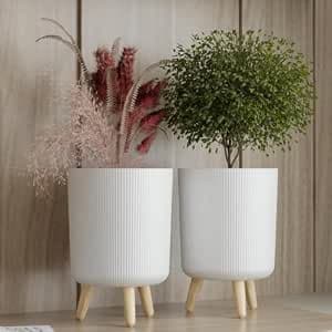 White Planter Pot with Wooden Stand | Modern Ribbed Indoor Outdoor Plant Pot for Home, Office & Balcony | Sturdy Plastic Mid-Century Style Flower Pot (Pack of 2)