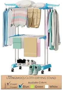 LIVINGBASICS 2 Layer Finest Clothes Stand for Drying/Cloth Drying Stand/Cloth Stand for Drying Clothes Foldable/Cloth Drying Stand for Balcony/Stainless Steel Hanging Dress Dryer Rack (Cyan Blue)