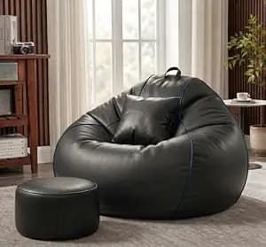Sattva Piping 4XL Sofa Style Bean Bag Chair with Beans Filled | Faux Leather Bin Bags Combo with Footstool & Cushion | Pre-Filled Beam Bag for Adults, Living Room & Bedroom - Black/Royal Blue Piping