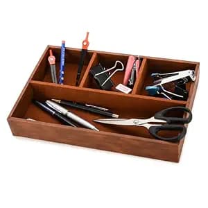 Faux Leather Desk Organizer Tray | 4 Compartment for Multi-Functional, Office, Study Table, Bedside Tray, Cosmetic Organiser Trey (Tan)