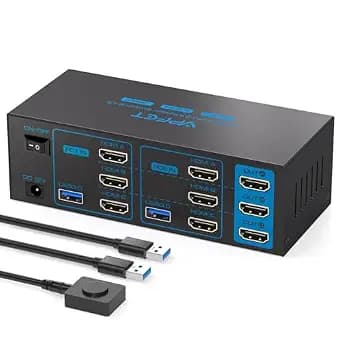 USB3.0 KVM Switch 2 Ports with 4 USB Ports for 2 Computers Sharing Triple Monitor