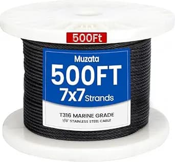 Muzata 500 ft 1/8" Black Stainless Steel Cable Railing System Hardware T316 Stainless Steel Wire Rope 7x7 Strands 1800 lb Breaking Strength Black Cable Railing Kit for Indoor Outdoor WR19
