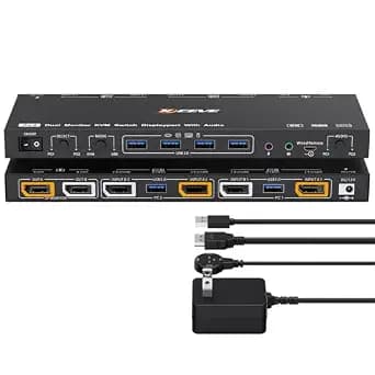 KVM/USB Mode KVM Switch 2 Monitors 2 Computers with Audio, ANXQQ 8K@30Hz 4K@144Hz USB 3.0 Dual Monitor KVM Switch Displayport, Share 4 USB Devices with Wired Control and Power Adapter