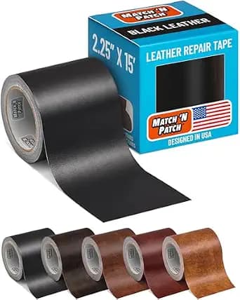 MATCH 'N PATCH Leather Repair Tape - Black (2.25 inch x 15 feet) - Realistic Faux Leather Patches for Couch, Sofa, Upholstery, Car Seats & Other Furniture, Vinyl Repair Kit, Self Adhesive Patch