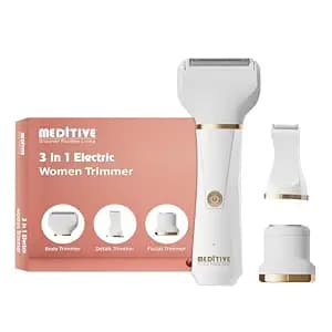 Meditive 3-in-1 Rechargeable Trimmer for Women | Body Shaver, Bikini Trimmer & Facial Hair Remover | Waterproof Wet/Dry, Type-C Cordless Grooming Kit
