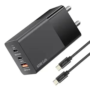Artis 65 Watt GaN Laptop Adapter with 3 Ampere 1 Meter Braided Cable Included. PD+PPS USB-C & QC USB-A Technology Power Adapter. Universal Compatibility for Laptops, Tablets & Smartphones.
