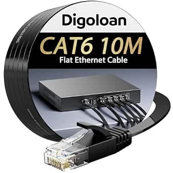 Cat 6 Ethernet Cable 10M, High Speed Long Flat Network LAN, Flexible Internet Cable, Gigabit Patch Cord, RJ45 Connector Compatible with Cat7/Cat8, for PC, TV, PS5, Faster Than Cat5-Black