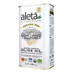 Aleta, USDA Organic Greek Extra Virgin Olive Oil, EU Certified Single Estate PDO Greece, 1 Lt (33.8 oz.) Tin, Kosher EK, Pack of 1
