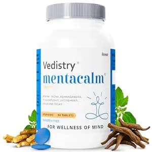 Vedistry Ayurvedic Mentacalm Tablets with Tagar, Arjuna, Brahmi, & Ashwagandha for Wellness of Mind & Hyperactivity | Ayurvedic Support for Stress and Anxiety Relief, Calm Mind & Emotional Balance | Clinically Proven to Uplift Mood & Better Sleep & Focus – 60 Tablets (Pack of 1)