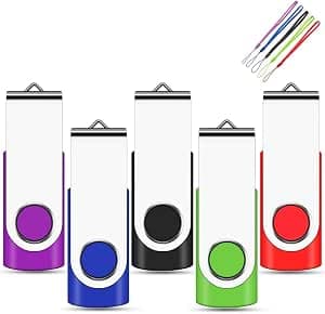 EASTBULL 32GB USB Stick 5 Pack, Memory Sticks USB 2.0 Metal Flash Drive Swivel Design Fold Storage with 5 Color Lanyards