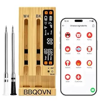 BBQOVN WiFi Sub-1G Wireless Meat Thermometer Unlimited Range 7 NIST Certified Sensors with Ambient Temp 2 Temp Monitoring Ways Digital Smart Base and App for BBQ, Smoker, Grill, Oven (Dual Probes)