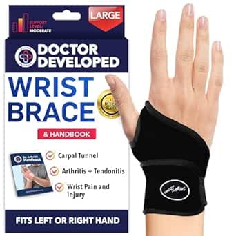 Doctor Developed Wrist Brace, Wrist Wraps for Carpal Tunnel Arthritis, Tendonitis, Hand Support, Ideal for Fitness, Weightlifting - Handbook Included (Large-1 Pack)