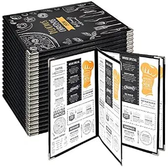 Henoyso 20 Pcs 8.5 x 11 Inch Menu Covers 4 Page 8 View Transparent Restaurant Covers Book Fits A4 Size Paper, Bar Cafe Clear Menu Holder Folder with Leatherette Trim and Decorative Corners, Black