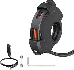 Motorcycle USB Charger 48W, 2 Ports (QC3.0 18W + PD3.0 30W), IP65, USB-C 12-24V Plug - Fast Charge for Travel & Adventure/Daily/Outdoor - Compatible with Phone/GPS/Camera